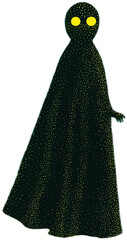 A creepy figure with a long black cloak and glowing eyes stands in the dark
