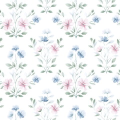 Fototapeta premium Seamless Pattern Delicate Floral Watercolor Design in Pastel Pink and Green for Baby Nursery Decor