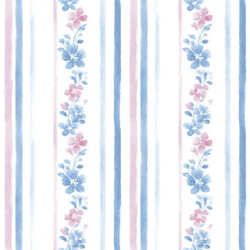 Seamless Pattern pastel blue watercolor stripes with pink floral accents for elegant wallpaper or design projects