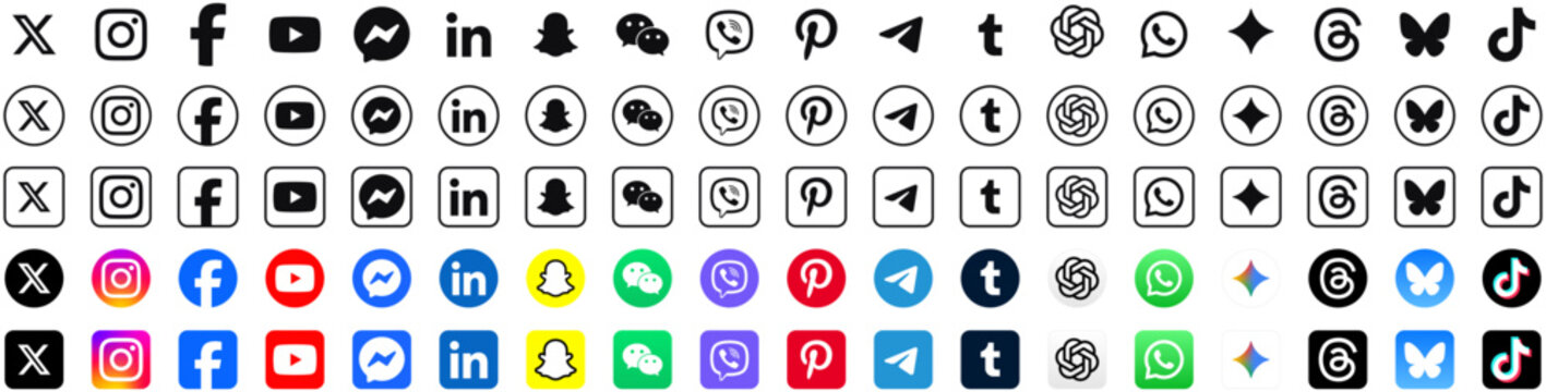 social media icon set or social network logos , Facebook, messenger, instagram, bluesky, x, youtube, whatsapp, telegram, snapchat, tiktok, vector icon . ai apps: chatgpt, google gemini, logo, icons