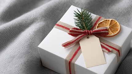 Elegant white gift box wrapped with rustic fabric ribbon and natural, festive holiday decor. Simple, stylish packaging with a blank tag for personal message, rustic Christmas aesthetic.