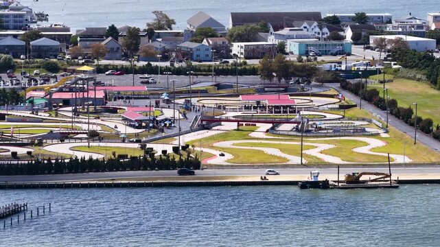 Aerial footage of hotels and condos along the coast in Ocean City Maryland USA