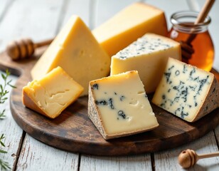 Assorted cheese selection on wooden board. Different cheese types hard cheeses, blue cheese. Honey jar. Gourmet selection. Delicious food table setting. Dairy products. Healthy meal. Rustic style