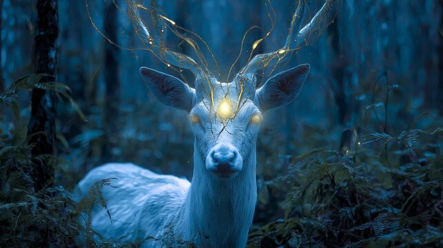 Mystical white stag with glowing golden antlers and third eye emerges from enchanted twilight forest