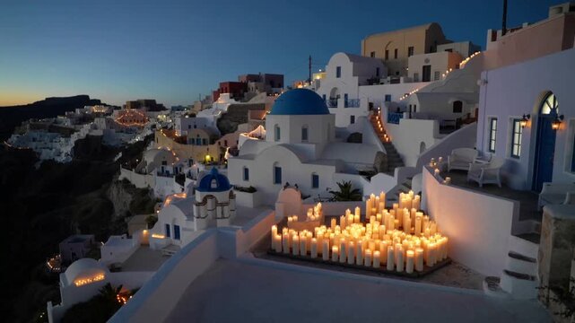 Santorini Greece Good Friday Easter celebration with candle lights glowing on rooftops in Pyrgos village