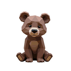 Polygonal bear cub sitting with a neutral expression on white background  