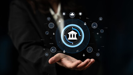 A global FinTech and digital banking network technology concept. A central financial system connected to the worldwide digital economy and services. Motif