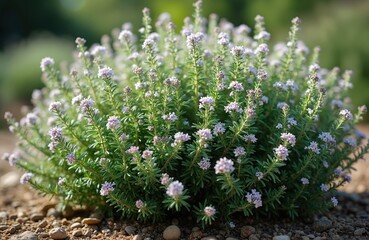 Obraz premium Thym plant with tiny lilac flowers grows on rocky soil. Aromatic herb with green leaves blossoms in nature, suitable for cooking seasoning. Macro view.