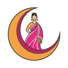Elegant woman in saree posed within a crescent moon symbol