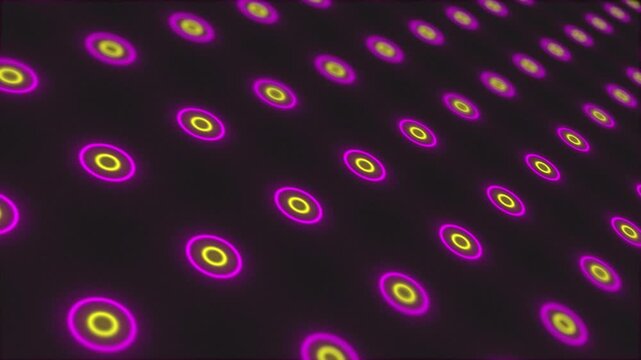 Flashing  Purple and Yellow neon circles lights. Computer generated seamless loop absrtact background. 3D render seamless loop animation