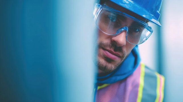 A young Caucasian man with brown hair and a beard wears a blue hard hat and safety glasses. He is dressed in a high-visibility vest, focused on his work environment.