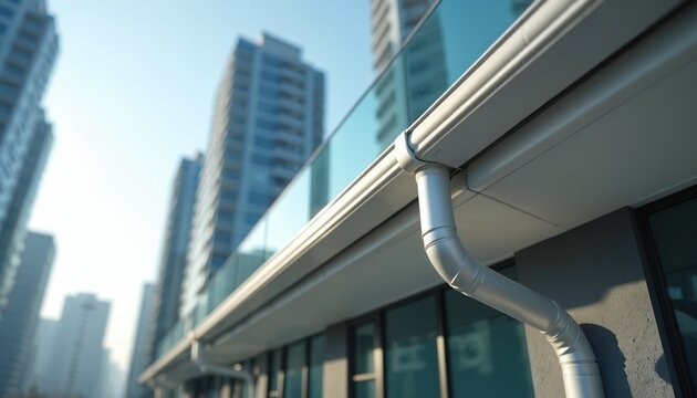 White aluminum gutter system detail on modern high-rise building exterior. Water drainage pipe on condo facade, city skyscraper background, clear sky overhead. Residential construction feature.