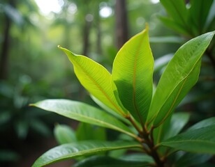 Obraz premium Rich green leaves of Calophyllum inophyllum plant in soft sunlight. Natural tropical forest backdrop with blurred foliage bokeh. This exotic plant is known for its medicinal properties and beauty.
