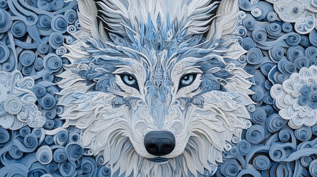 Intricate blue wolf artwork showcasing masterful paper quilling design