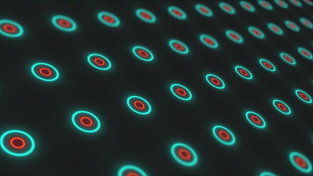 Flashing Teal and Red neon circles lights. Computer generated seamless loop absrtact background. 3D render seamless loop animation