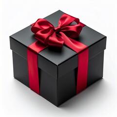 Elegant Black Gift Box with Red Ribbon Bow on White Background