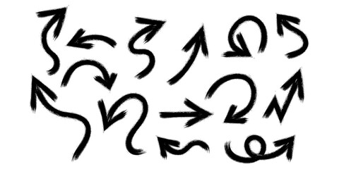 Hand-drawn arrows icon set with dynamic brush stroke style or rough, brushstroke texture. Includes curved, twisted, and looping arrow . for presentations, notes, direction, movement, navigation