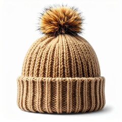 Fototapeta premium Knitted Tan Beanie with Pom Pom on Clean White Background