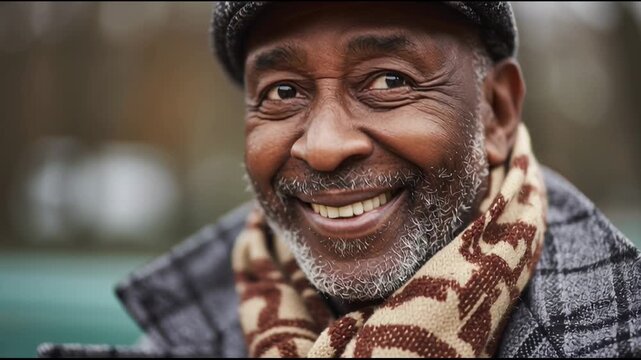 Smiling senior man wearing a cap and scarf in a park.
