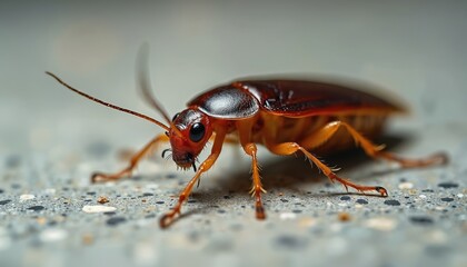 Close up brown cockroach crawls on textured grey surface. Insect shows detailed segmented body, long antennae, many hairy legs. Urban pest often lives in homes, common household nuisance, dirty