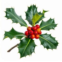 Green Holly Sprig with Bright Red Berries on White Background