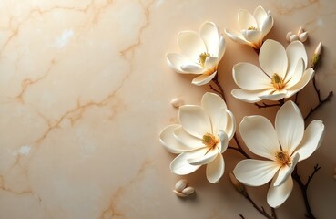 Creamy white magnolia flowers on a light beige marble surface. Delicate petals and natural branches create a luxurious floral arrangement perfect for sophisticated design projects.