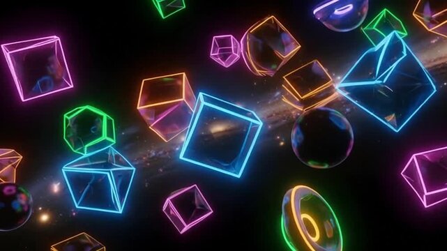Abstract Neon Geometric Shapes Floating in Space with Galaxy Background