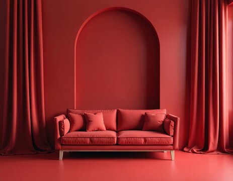 Modern red sofa sits in stylish monochromatic red room. Architectural arch detail on wall adds elegance. Vibrant red curtains frame space. Bold, contemporary interior design creates cozy living