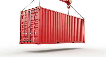 Red shipping container rising with crane hook