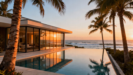 Modern beachfront house with large windows reflecting a vibrant sunset over the ocean. Palm trees surround the tranquil infinity pool, evoking serenity.