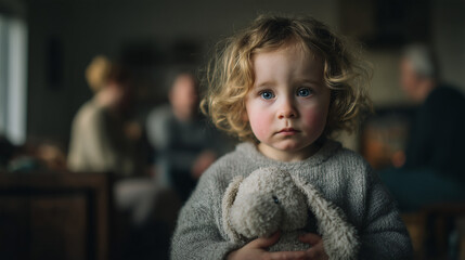 Sweet little girl with curly hair and big blue eyes clutches her favorite bunny toy