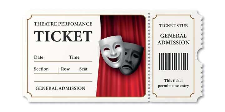 Vector Theater Ticket Design Template, Isolated. Vintage Event Ticket with Comedy Tragedy Masks, Red Curtain, Barcode, Perforated Stub. Realistic Admit Ticket for Performance, Show, Concert, Cinema