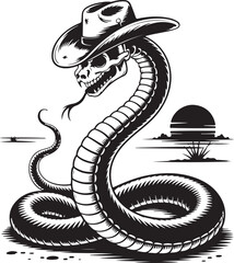 Skull Snake Wearing Cowboy Hat Desert Sunset Illustration vector