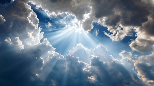 Dramatic sunbeams pierce through stormy clouds, illuminating a hopeful sky above - Powered by Adobe
