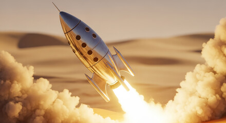 Retro rocket spaceship launching in desert during sunset