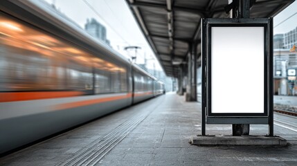Dynamic motion blur of a train speeding past a blank billboard at a modern station, perfect for impactful advertising campaigns.