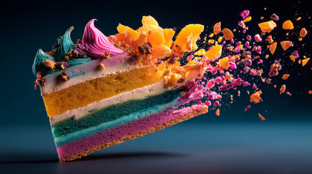 A colorful, multi-layered slice of cake with vibrant frosting and fruit toppings is shown in a dynamic explosion against a dark background