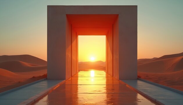 Rectangular doorway frames vast desert landscape at sunset. Warm light glows on sand dunes and reflected water. Minimalist architecture creates path towards horizon.