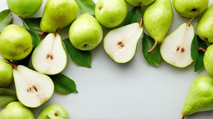 Vibrant fresh green pears and apple slices artfully arranged with lush leaves, showcasing natural sweetness and healthy goodness for culinary inspiration