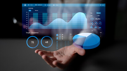 A futuristic digital interface showcasing performance metrics with graphs and pie charts is presented on a hand, emphasizing data analysis in business technology. Impute