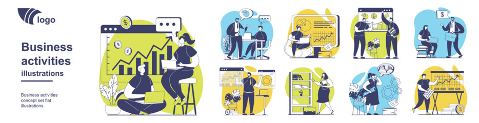 Fototapeta premium Business activities concept set for web design. Collection with people analyzing data graph, doing work tasks, developing project and communicating, creating success strategy. Vector illustration.