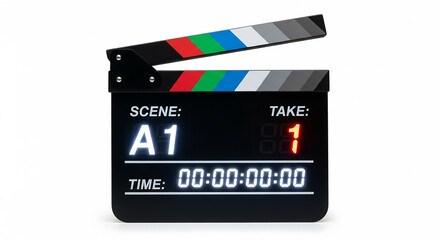 Naklejka premium Digital clapperboard marking a new take on a white background