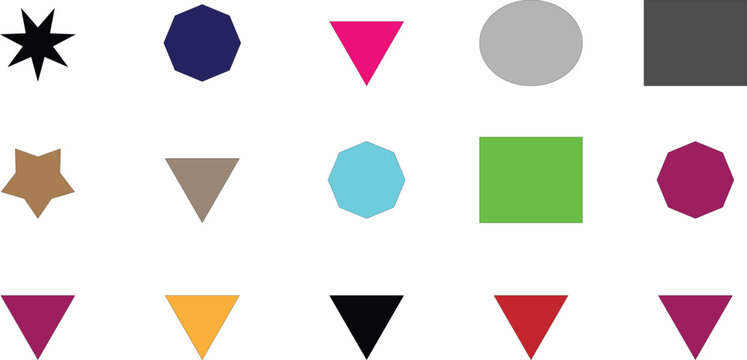 A collection of colorful geometric shapes, including stars, polygons, circles, squares, and triangles in various hues
