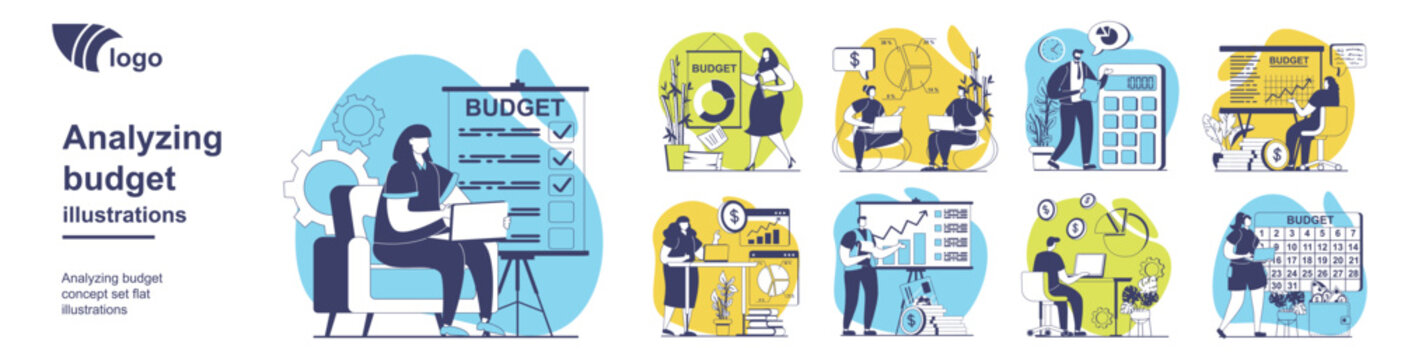 Analyzing budget concept set for web design. Collection with people calculating financial statistics, accounting, inspecting earnings and planning strategy with increase balance. Vector illustration.