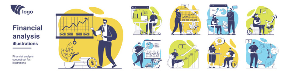 Naklejka na ściany i meble Financial analysis concept set for web design. Collection with people working with data, making financial report with statistics, planning strategy with growth profit progress. Vector illustration.