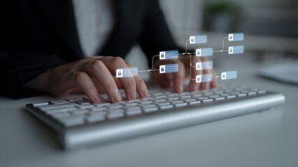 Blockchain structure showing distributed data blocks linked with encryption, representing secure...