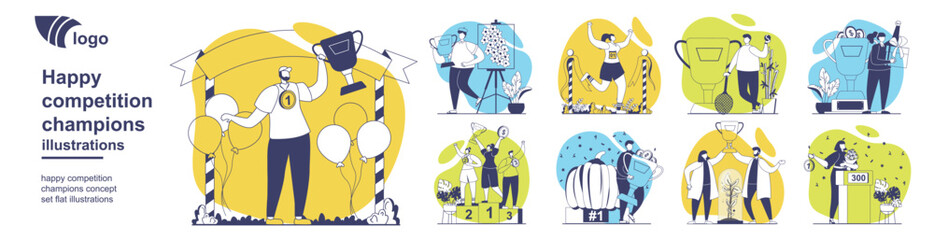 Fototapeta na wymiar Happy competition champions concept set for web design. Collection with people winning at sport competitions, celebrating reward, getting first place with pumpkin at farmer fair. Vector illustration.