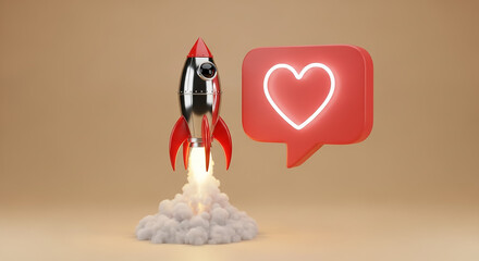 Social media rocket launching gaining heart likes
