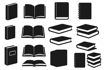 Set of black silhouette book icons including open, closed, stack, spiral notebook