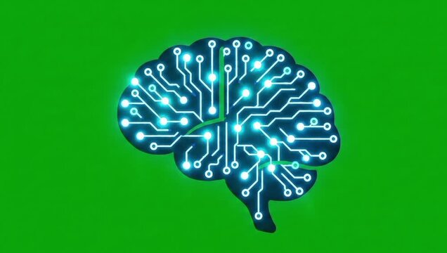 Conceptual illustration of an artificial intelligence brain with a glowing digital circuit board, symbolizing machine learning and futuristic technology on a green screen